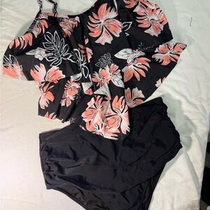 Floral Black and Coral Two-Piece Swimsuit